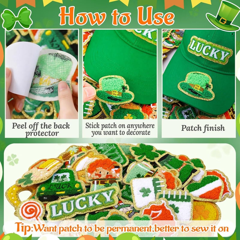 FOGWOWO 50 Pcs St. Patrick's Day Patches Self Adhesive Shamrock Patches Stick on Chenille Irish Clover Lucky Stickers Embroidered Lucky Love Rainbow Hat Patch for Backpacks Holiday Decor - Image 2